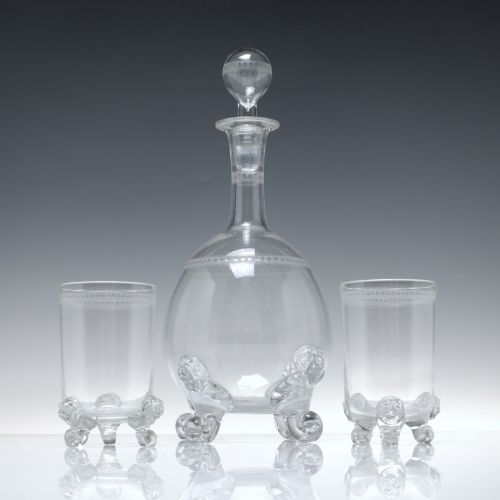 thomas web lion mask decanter and two matching whisky glasses c1870 - CATEGORY: ANTIQUE GLASS - DATED 1870