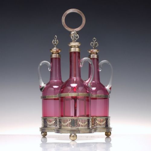 three victorian glass cranberry claret jugs decanters in silver plated frame 1880 - CATEGORY: ANTIQUE GLASS - DATED 1880