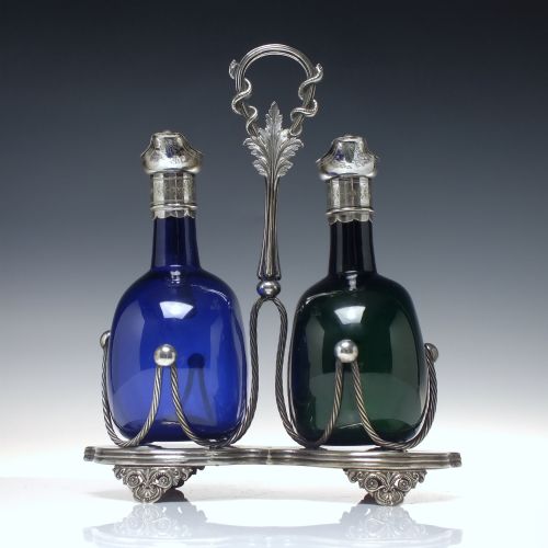victorian blue and green glass flagon decanters in silver plated frame 1860 - CATEGORY: ANTIQUE GLASS - DATED 1860