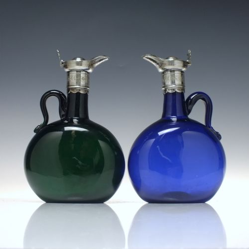 VICTORIAN BLUE AND GREEN GLASS FLAGON DECANTERS IN SILVER PLATED FRAME 1860 - ADDITIONAL PHOTO 5