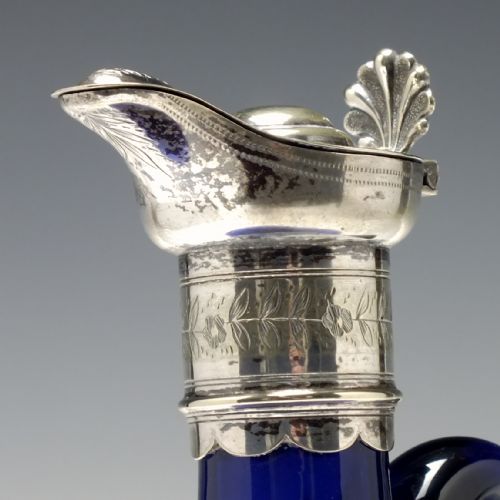 VICTORIAN BLUE AND GREEN GLASS FLAGON DECANTERS IN SILVER PLATED FRAME 1860 - ADDITIONAL PHOTO 7