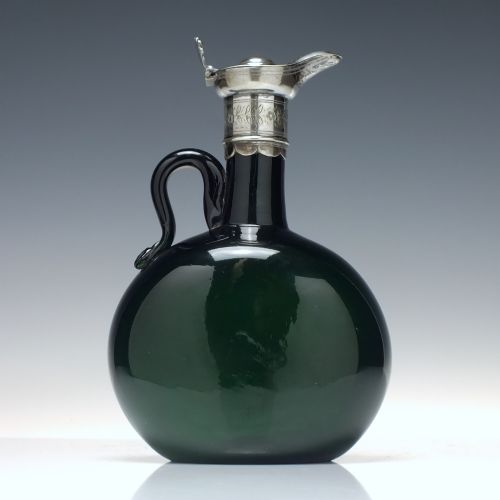 VICTORIAN BLUE AND GREEN GLASS FLAGON DECANTERS IN SILVER PLATED FRAME 1860 - ADDITIONAL PHOTO 9
