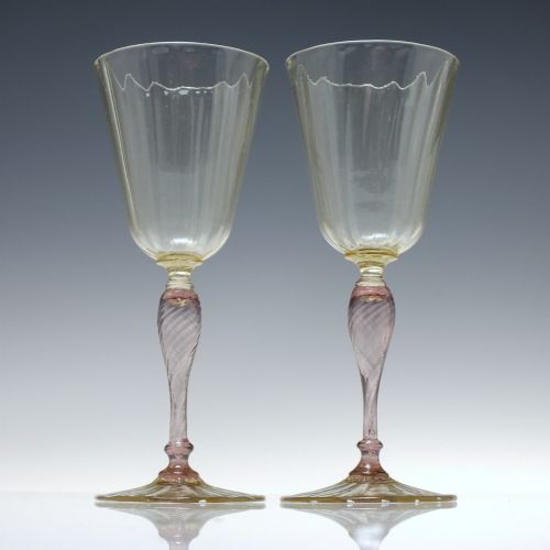 pair of rib moulded salviati wine glasses with amethyst stems c1920 - CATEGORY: ANTIQUE GLASS - DATED 1900