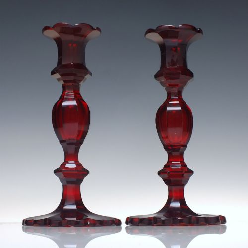 pair 19th century biedermeier red cut glass candlesticks c1840 - CATEGORY: ANTIQUE GLASS - DATED 1850