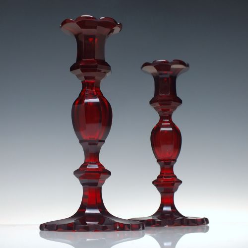 PAIR 19TH CENTURY BIEDERMEIER RED CUT GLASS CANDLESTICKS C1840 - ADDITIONAL PHOTO 1