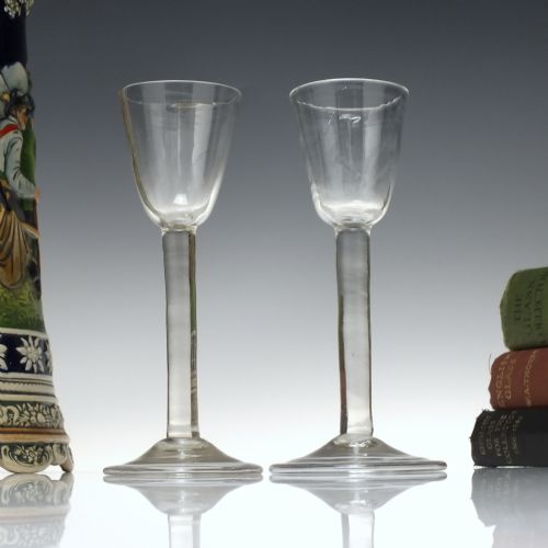 pair antique georgian plain stem wine glasses c1740 - CATEGORY: ANTIQUE GLASS - DATED 1750
