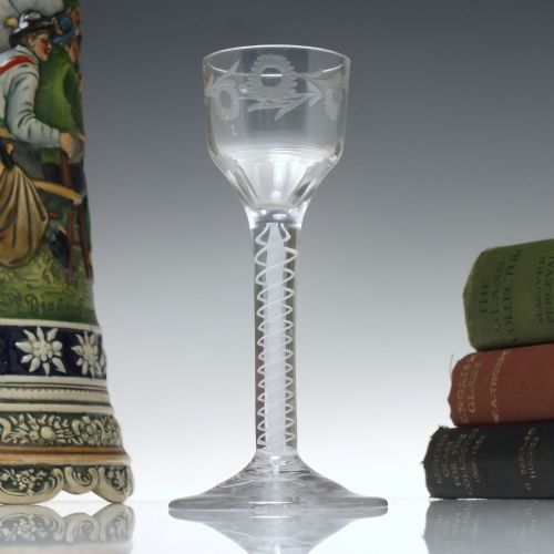 ANTIQUE 18TH CENTURY GEORGIAN ENGRAVED OPAQUE TWIST WINE GLASS C1760 - ADDITIONAL PHOTO 1