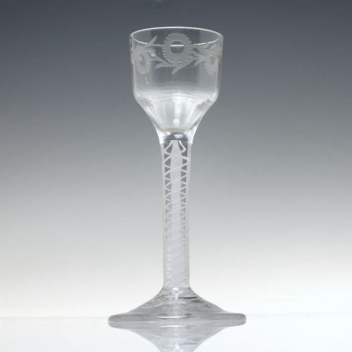 ANTIQUE 18TH CENTURY GEORGIAN ENGRAVED OPAQUE TWIST WINE GLASS C1760 - ADDITIONAL PHOTO 2