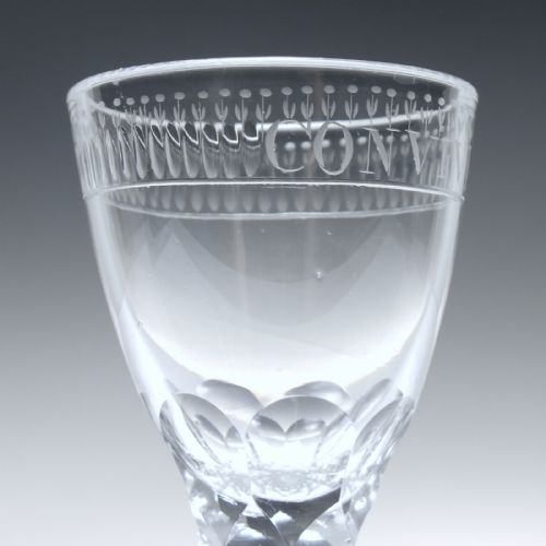 GEORGIAN CONVIVIAL ENGRAVED FACET CUT WINE GLASS C1790 - ADDITIONAL PHOTO 3