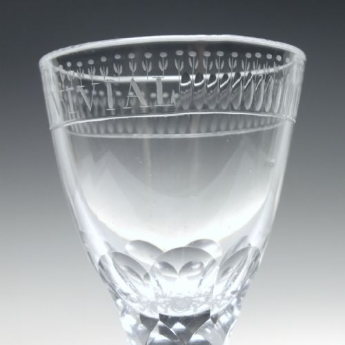 GEORGIAN CONVIVIAL ENGRAVED FACET CUT WINE GLASS C1790 - ADDITIONAL PHOTO 5
