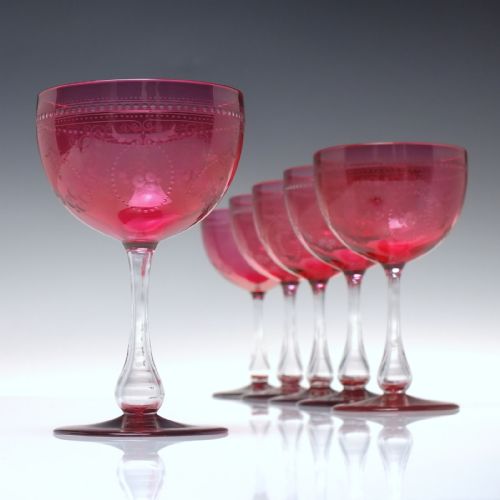 six 19th century engraved cranberry champagne wine glasses c1900 - CATEGORY: ANTIQUE GLASS - DATED 1900