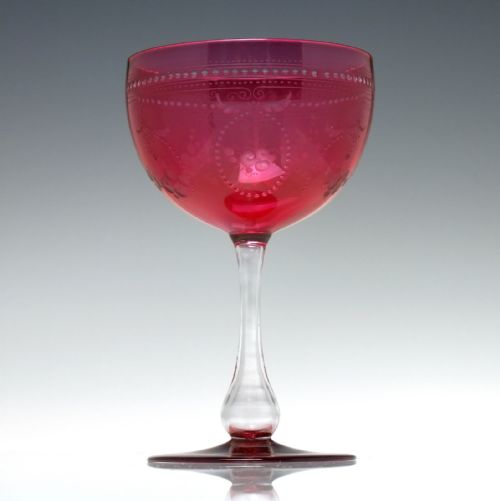 SIX 19TH CENTURY ENGRAVED CRANBERRY CHAMPAGNE WINE GLASSES C1900 - ADDITIONAL PHOTO 1