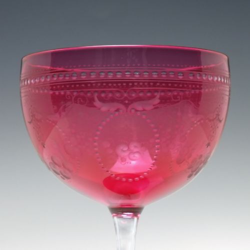 SIX 19TH CENTURY ENGRAVED CRANBERRY CHAMPAGNE WINE GLASSES C1900 - ADDITIONAL PHOTO 2