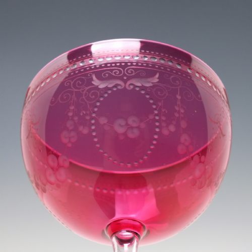 SIX 19TH CENTURY ENGRAVED CRANBERRY CHAMPAGNE WINE GLASSES C1900 - ADDITIONAL PHOTO 4