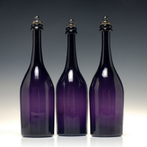 set of three antique 19th century victorian amethyst glass serving decanter bottles c1830 - CATEGORY: ANTIQUE GLASS - DATED 1800