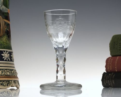 antique facet cut engraved georgian wine glass with firing foot c1790 - CATEGORY: ANTIQUE GLASS - DATED 1750