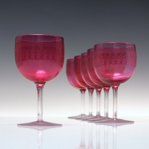six edwardian engraved cranberry wine glasses c1900 - CATEGORY: ANTIQUE GLASS - DATED 1900