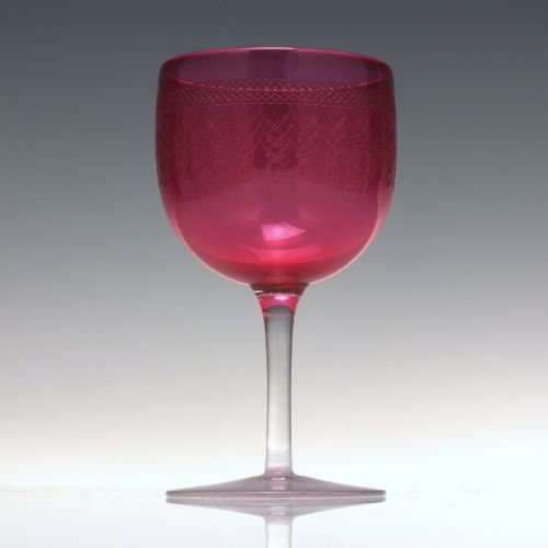 SIX EDWARDIAN ENGRAVED CRANBERRY WINE GLASSES C1900 - ADDITIONAL PHOTO 1