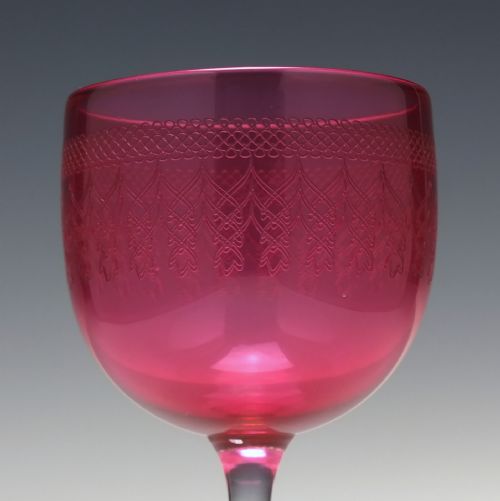 SIX EDWARDIAN ENGRAVED CRANBERRY WINE GLASSES C1900 - ADDITIONAL PHOTO 2