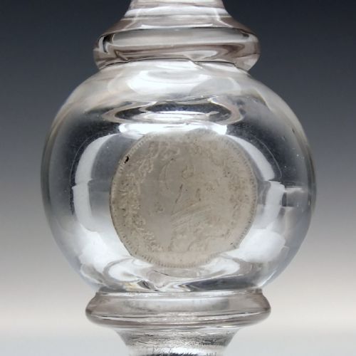 ANTIQUE 19TH CENTURY ENGRAVED COIN GLASS GOBLET C1881 - ADDITIONAL PHOTO 4