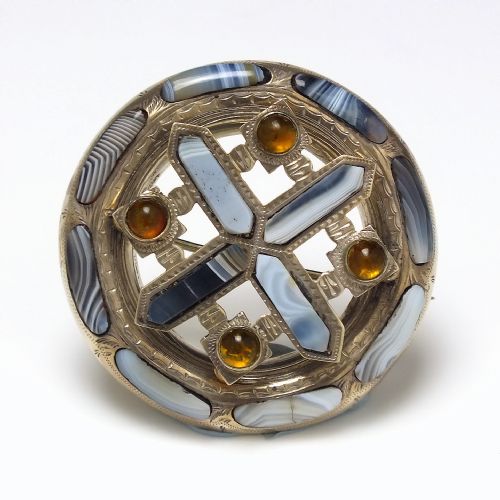 large antique scottish celtic shield silver blue lace agate brooch c1880 - CATEGORY: ANTIQUE JEWELLERY - DATED 1880