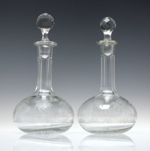 pair of victorian shaft globe engraved glass decanters c1880 - CATEGORY: ANTIQUE GLASS - DATED 1890