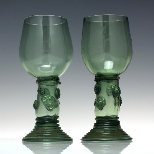 pair tall antique green wine roemer glasses c1790 - CATEGORY: ANTIQUE GLASS - DATED 1800
