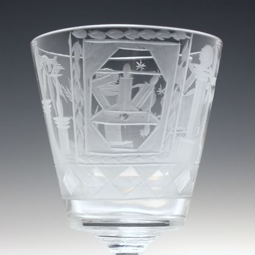 ANTIQUE 19TH CENTURY MASONIC ENGRAVED GLASS RUMMER C1840 - ADDITIONAL PHOTO 3