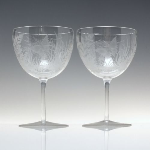 pair antique 19th century spider web butterfly engraved wine glasses by joseph keller c1875 - CATEGORY: ANTIQUE GLASS - DATED 1870