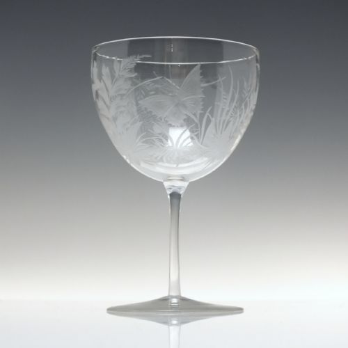 PAIR ANTIQUE 19TH CENTURY SPIDER WEB BUTTERFLY ENGRAVED WINE GLASSES BY JOSEPH KELLER C1875 - ADDITIONAL PHOTO 1