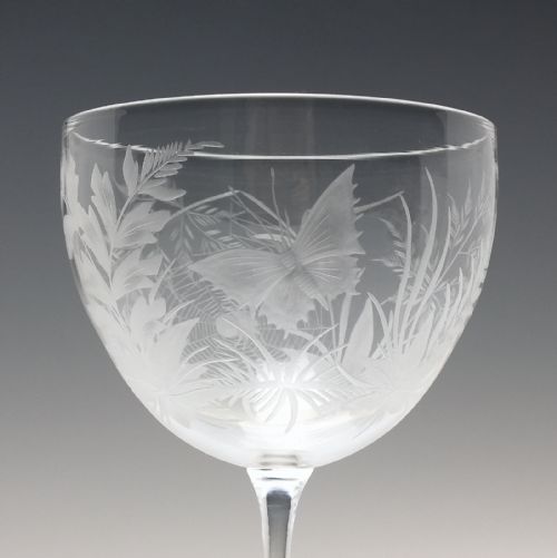 PAIR ANTIQUE 19TH CENTURY SPIDER WEB BUTTERFLY ENGRAVED WINE GLASSES BY JOSEPH KELLER C1875 - ADDITIONAL PHOTO 2