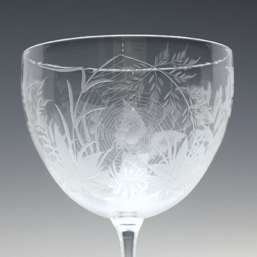 PAIR ANTIQUE 19TH CENTURY SPIDER WEB BUTTERFLY ENGRAVED WINE GLASSES BY JOSEPH KELLER C1875 - ADDITIONAL PHOTO 3