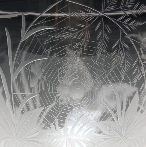 PAIR ANTIQUE 19TH CENTURY SPIDER WEB BUTTERFLY ENGRAVED WINE GLASSES BY JOSEPH KELLER C1875 - ADDITIONAL PHOTO 4