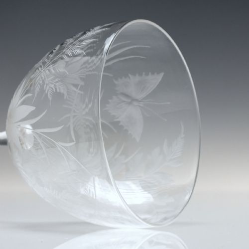 PAIR ANTIQUE 19TH CENTURY SPIDER WEB BUTTERFLY ENGRAVED WINE GLASSES BY JOSEPH KELLER C1875 - ADDITIONAL PHOTO 5