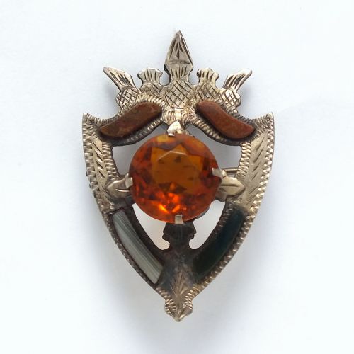 antique scottish celtic silver crowned shield gemstone brooch c1880 - CATEGORY: ANTIQUE JEWELLERY - DATED 1880