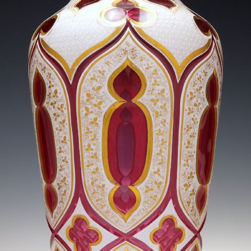 LARGE VICTORIAN CRANBERRY CASED AND GILDED GLASS VASE C1860 - ADDITIONAL PHOTO 3
