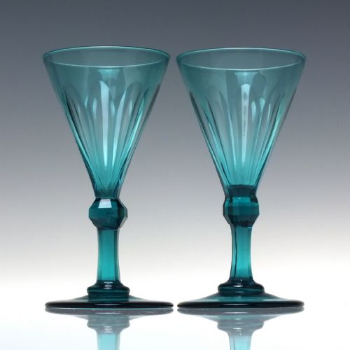 pair peacock blue georgian regency wine glasses c1820 - CATEGORY: ANTIQUE GLASS - DATED 1800
