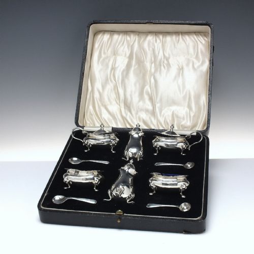 antique silver cruet set in original box birmingham 1902 - CATEGORY: ANTIQUE SILVER - DATED 1900
