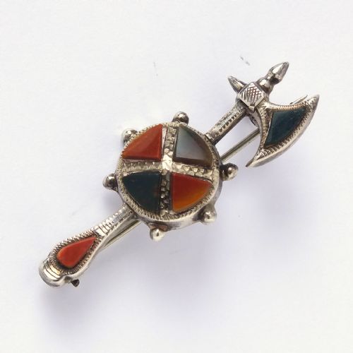 antique scottish celtic silver axe and shield gemstone pin c1920 - CATEGORY: ANTIQUE JEWELLERY - DATED 1920