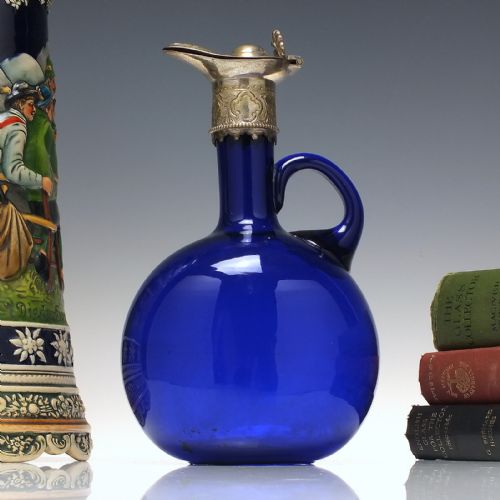 victorian blue glass flagon decanter with silver plated top 1860 - CATEGORY: ANTIQUE GLASS - DATED 1860