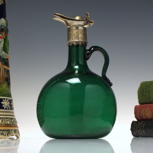 victorian green glass flagon decanter with silver plated top 1860 - CATEGORY: ANTIQUE GLASS - DATED 1860
