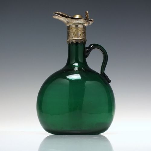VICTORIAN GREEN GLASS FLAGON DECANTER WITH SILVER PLATED TOP 1860 - ADDITIONAL PHOTO 1