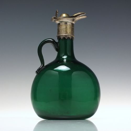 VICTORIAN GREEN GLASS FLAGON DECANTER WITH SILVER PLATED TOP 1860 - ADDITIONAL PHOTO 2