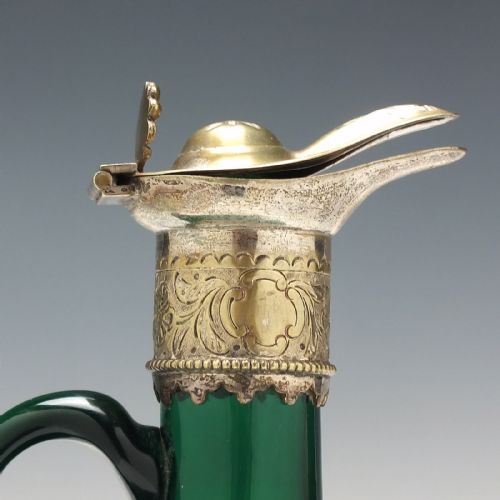 VICTORIAN GREEN GLASS FLAGON DECANTER WITH SILVER PLATED TOP 1860 - ADDITIONAL PHOTO 3
