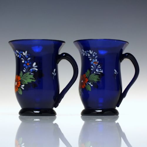 pair 19th century enamelled biedermeier blue glass tankards c1850 - CATEGORY: ANTIQUE GLASS - DATED 1850