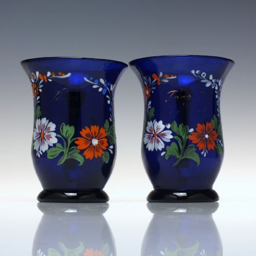 PAIR 19TH CENTURY ENAMELLED BIEDERMEIER BLUE GLASS TANKARDS C1850 - ADDITIONAL PHOTO 1