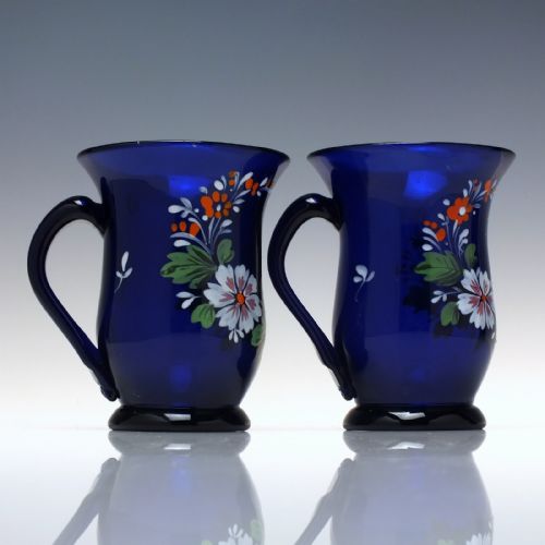 PAIR 19TH CENTURY ENAMELLED BIEDERMEIER BLUE GLASS TANKARDS C1850 - ADDITIONAL PHOTO 2