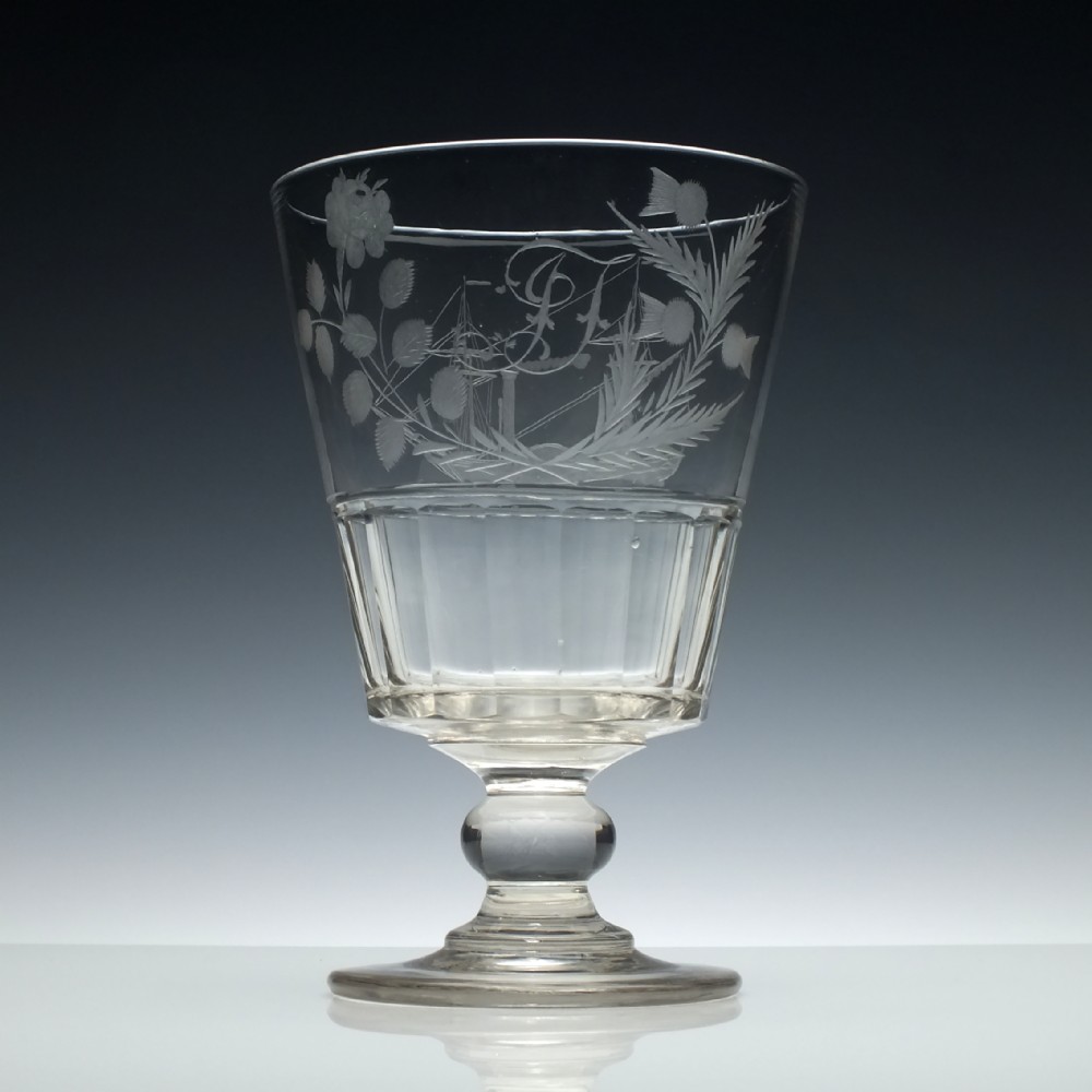 19th Century Glass Serving Rummer Engraved with Paddle Steamer c1830