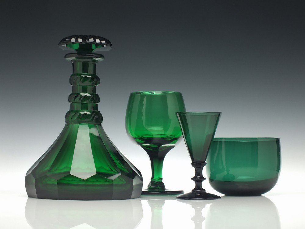 Pair of George V Green Glass Ship Decanters c1920 View X