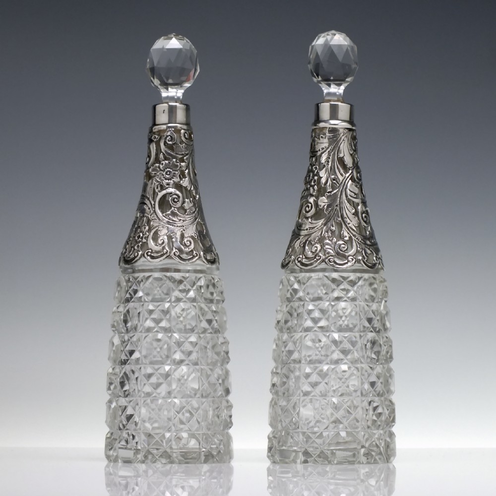 Pair Sterling Silver Top Glass Liqueur Decanters Birmingham 1897
